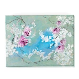1970s Signed KMS Floral Painting | Mint Blue Roses Acrylic